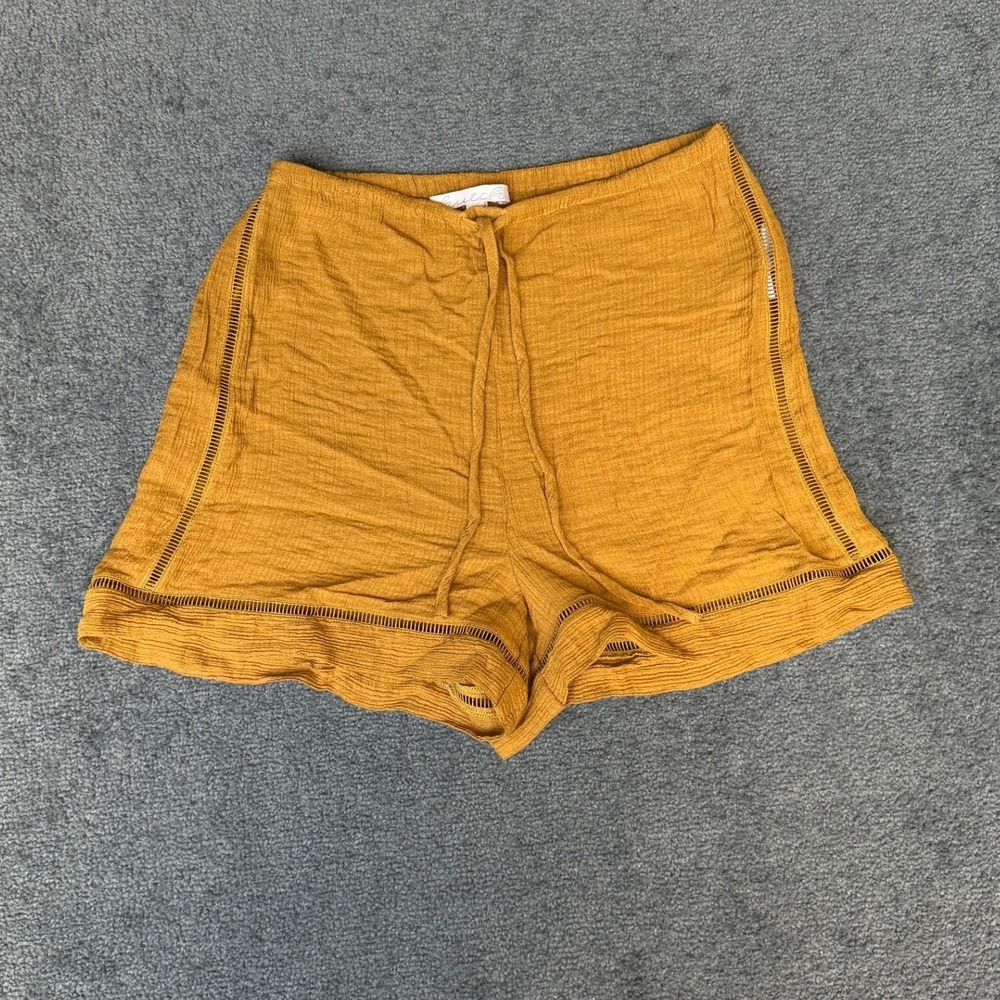 Lush Mustard Yellow Crinkle Gauze Shorts Ladder Lace Trim Boho‎ Summer S